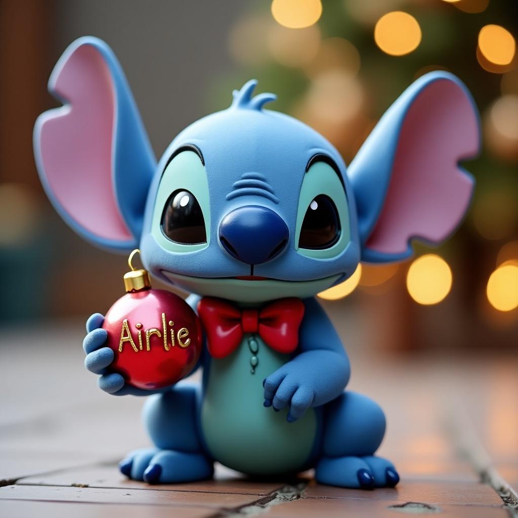 Cute character resembling Stitch holds a Christmas bauble. Character is blue with large ears and a bow tie. Bauble has the name Airlie.