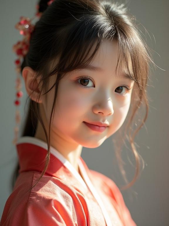 Portrait of a beautiful girl wearing traditional hanfu with delicate features. Soft lighting enhances her youthful charm.