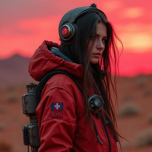 A woman in cyberpunk fashion stands on Mars. She has long hair and is wearing cosmonaut clothing. The scene features crimson graffiti art. The lighting is soft and cinematic.