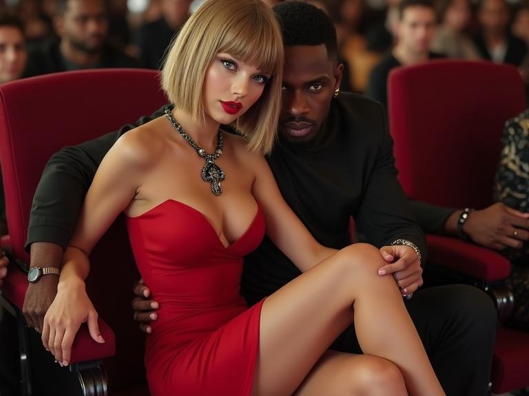 Photorealistic image shows attractive couple at Grammy Awards. Young woman in red dress with deep cleavage. Man beside her holds her close. They sit in front row. Elegant atmosphere with a crowd in background.