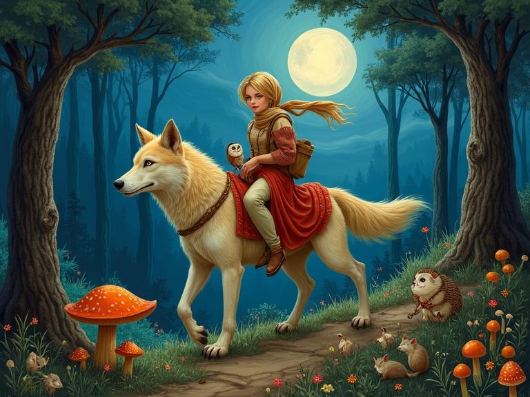 Photorealistic painting of a blonde young woman riding a wolf through a moonlit forest. Headscarf falling from her head. Owl perched on shoulder. Mushrooms on the path. Dense forest with stylized trees, lush plants, colorful flowers. Hedgehog and mice in the undergrowth. Prominent full moon in the night sky. Earthy tones and blues. Magical and mysterious mood.