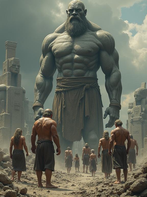 Detailed scene of giant men chiseling stone idols much taller than houses. Their focused faces intensely depict craftsmanship. Groups of giant women and children watch with fascination. The sky darkens slightly, adding foreboding. The ground is covered with stone chips and unfinished idols loom.