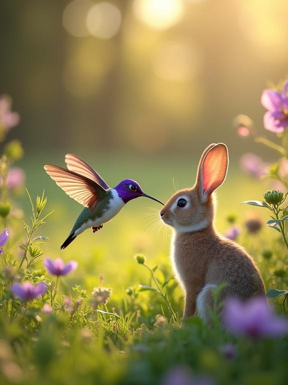 Nature scene featuring a hummingbird and a rabbit in a meadow during golden hour. The hummingbird hovers near a flower, and the rabbit sits calmly, creating a serene atmosphere.