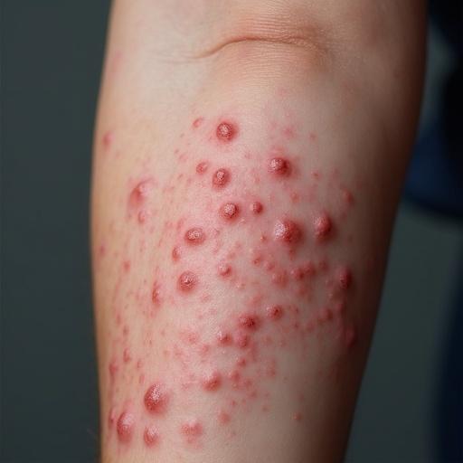 Close-up medical photograph of a human arm showing a widespread urticarial rash with numerous raised, pinkish-red wheals and plaques. Soft, diffuse lighting with a neutral background. Photorealistic quality.