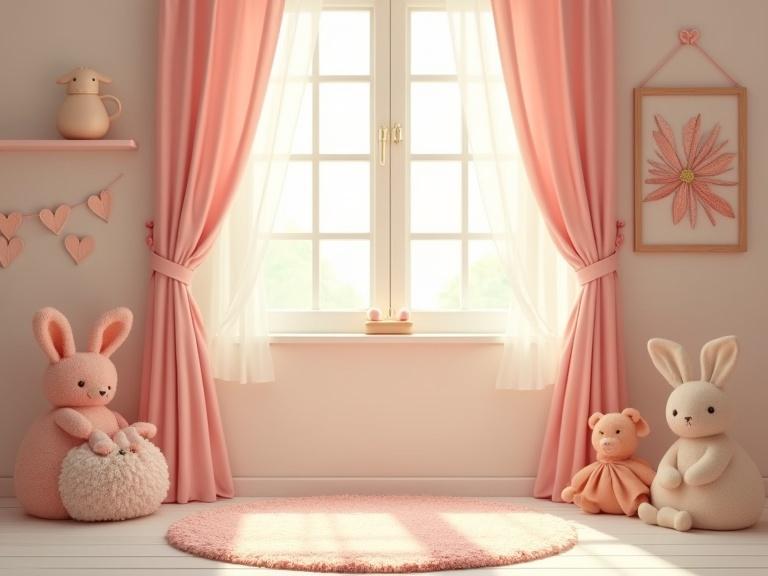 Pastel pink and cream children’s room decorated with soft curtains and a round floral rug. Warm daylight enters through the window. A small plush bunny is on a shelf. The room features soft textures, clean walls, and a heart-shaped garland. Delicate and elegant design.