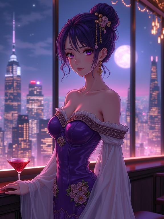 Elegant woman in purple gown stands inside upscale lounge. Large window reveals glowing city skyline at night. Woman has violet hair adorned with golden ornaments. Off-shoulder gown shines with floral patterns. Romantic atmosphere with ambient lighting and cocktail glass nearby.