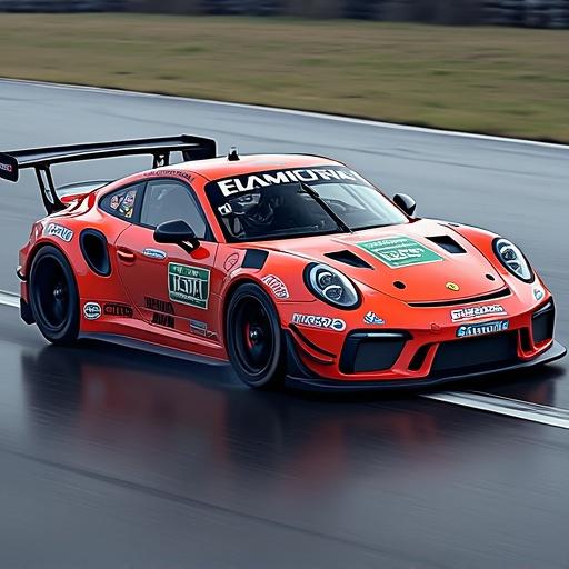 A dynamic image of a Porsche 911 GT2 RS race car speeding on a wet racetrack. The car features a vibrant orange color and aerodynamic enhancements. It is captured in motion showcasing its speed and agility. The background consists of blurred racetrack scenery to emphasize motion.