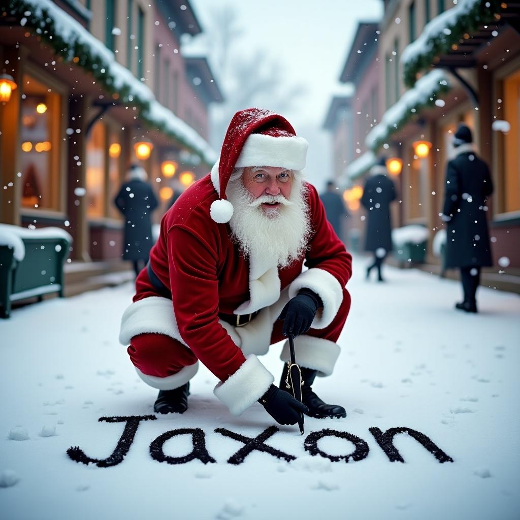 The image features Santa Claus writing the name Jaxon in freshly fallen snow. He is dressed in traditional red and white attire with a black belt and boots. The snowy street is surrounded by charming buildings that enhance the festive atmosphere. Soft, diffused light creates a warm and inviting glow in the scene. Overall, it conveys a cheerful and festive mood, perfect for celebrating the holiday season.