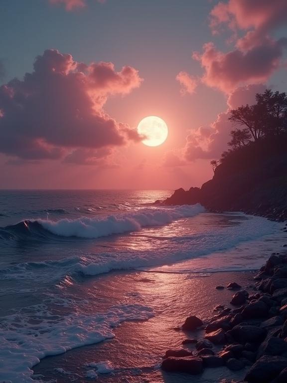 A coastal twilight scene with a full moon above the sea. Clouds are drifting in crimson tones with some turbulence. Waves are gently breaking against the rocky shore. Moonlight and sunset colors reflect on the water surface.
