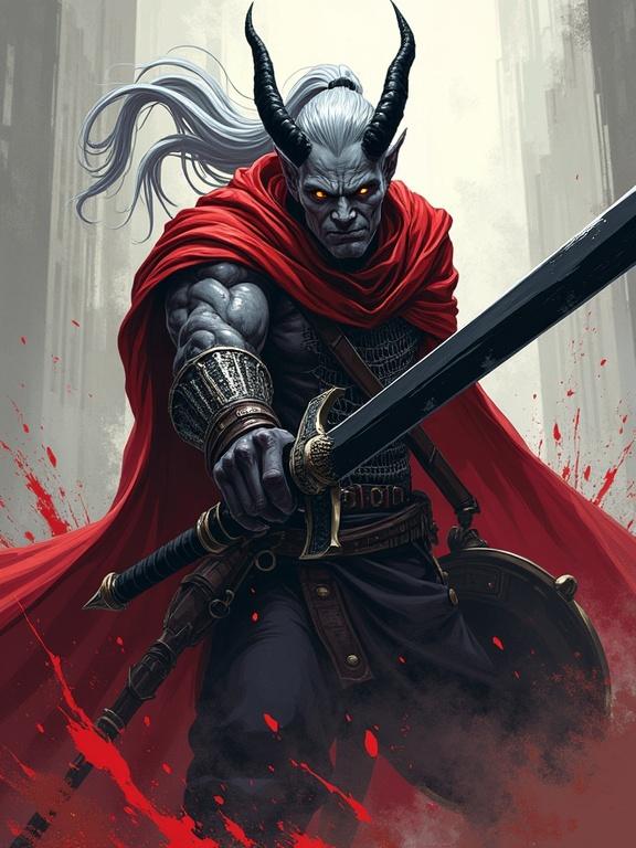 Anime-style illustration of a tall male tiefling mid-swing with black longsword. Ash-gray skin and amber glowing eyes. Long silver hair in a high ponytail. Sleek black horns. Chainmail shirt and red cloak. Shield on back. Blood splashing around. Dynamic action pose. Rim lighting and bold cel-shading.
