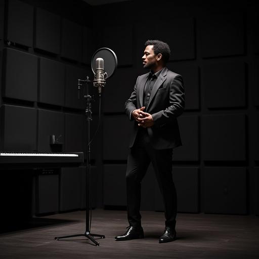 Studio room features a central microphone surrounded by black square soundproof walls and a black ceiling. A stylish dark-skinned male in a jazz suit stands confidently in front of the microphone.