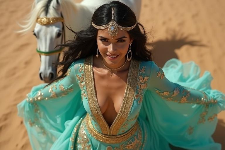 Top view of Arabian princess dressed in turquoise flowing outfit with ornate gold embroidery. She has shiny black hair and a bold jeweled headpiece. Background features a white horse galloping through sand dunes. Dress is fluttering in the wind. The expression portrays joy and focus.