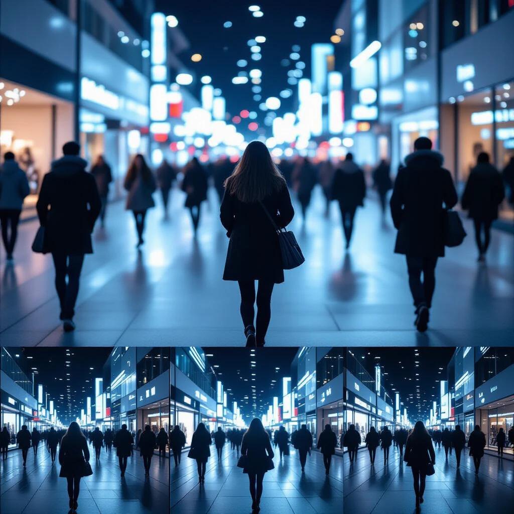 Modern urban setting with people walking. Storefronts illuminated by bright white lights. Visually striking and cinematic feel similar to Fujifilm X-H2S style. Blurred movement adds dynamism to the scene. Color tone primarily #6db387 for branding.