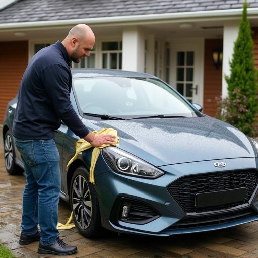 Photo showing person cleaning car in front of house with care and attention