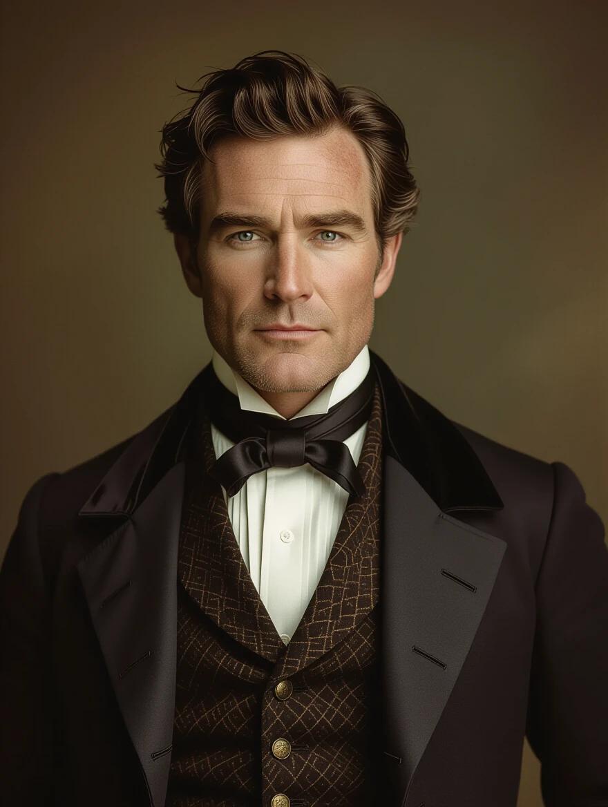 A realistic portrait of a 19th-century man in period clothing. Standing against a dark background. Soft dramatic lighting with cinematic tones. Detailed textures with high realism. The man looks directly at the camera with a calm expression. Ultra-realistic photography style with vintage color grading.
