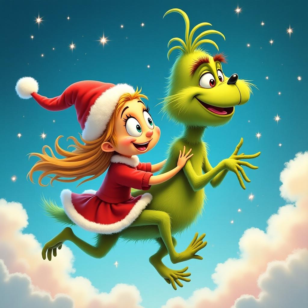 The image depicts a whimsical, festive scene featuring the Grinch and a young girl. The girl is joyfully riding on the back of the Grinch, both looking happy and excited. The background is a bright blue sky filled with fluffy white clouds, adding to the cheerful mood. The Grinch is illustrated in his classic green color, and the girl wears a red Christmas outfit with white trim. This vibrant illustration captures the spirit of friendship and holiday joy, making it perfect for seasonal celebrations.