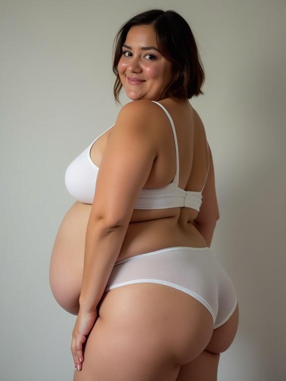 Woman in underwear standing. Plump figure with wide hips. Short hair in side view. Smiling while looking at the viewer.