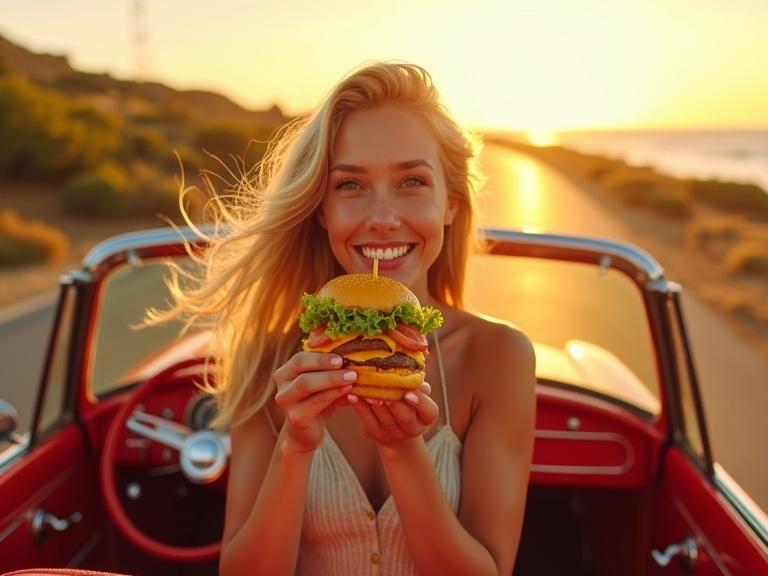 Young woman in vintage red convertible holding bright yellow burger. Hair flowing in the wind. Warm golden sunset in the background. Car driving on picturesque coastal road. Captures joy and happiness.