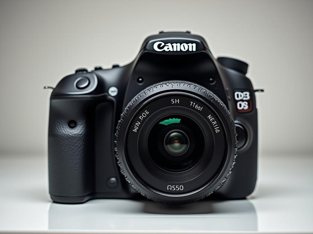 This image showcases a Canon DSLR camera, characterized by its sleek black body and stylish silver accents. The camera is prominently displayed in a frontal perspective, emphasizing the detailed lens that hints at its capability for high-quality photography. Set against a neutral background, the camera stands out without any distractions. This composition effectively captures the essence of professional photography gear. Whether for enthusiasts or professionals, this image resonates with those interested in photography and exploring equipment options.