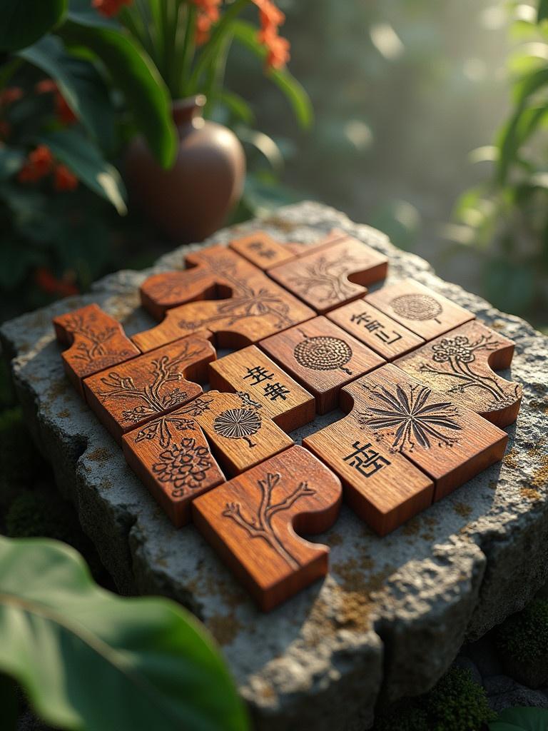 Wooden tangram puzzle pieces scattered on a stone tablet. Intricate Asian motifs decorate the pieces. Etched Chinese calligraphy visible. Lush greenery surrounds the scene. Soft golden lighting creates a mystical atmosphere. Hyper-realistic details enhance visual texture.