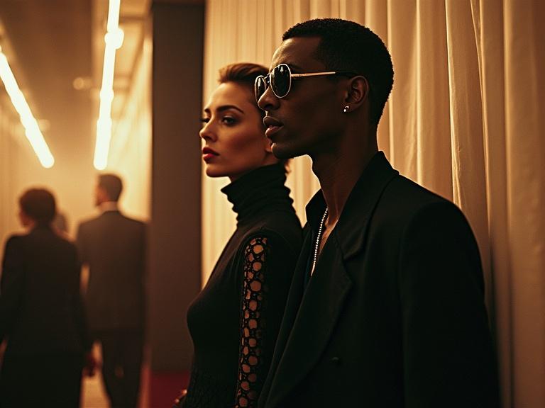 High fashion scene at the MET Gala. Stylish couple in dramatic poses. Warm lighting. Focus on elegance and attitude. Shot with a vintage aesthetic.