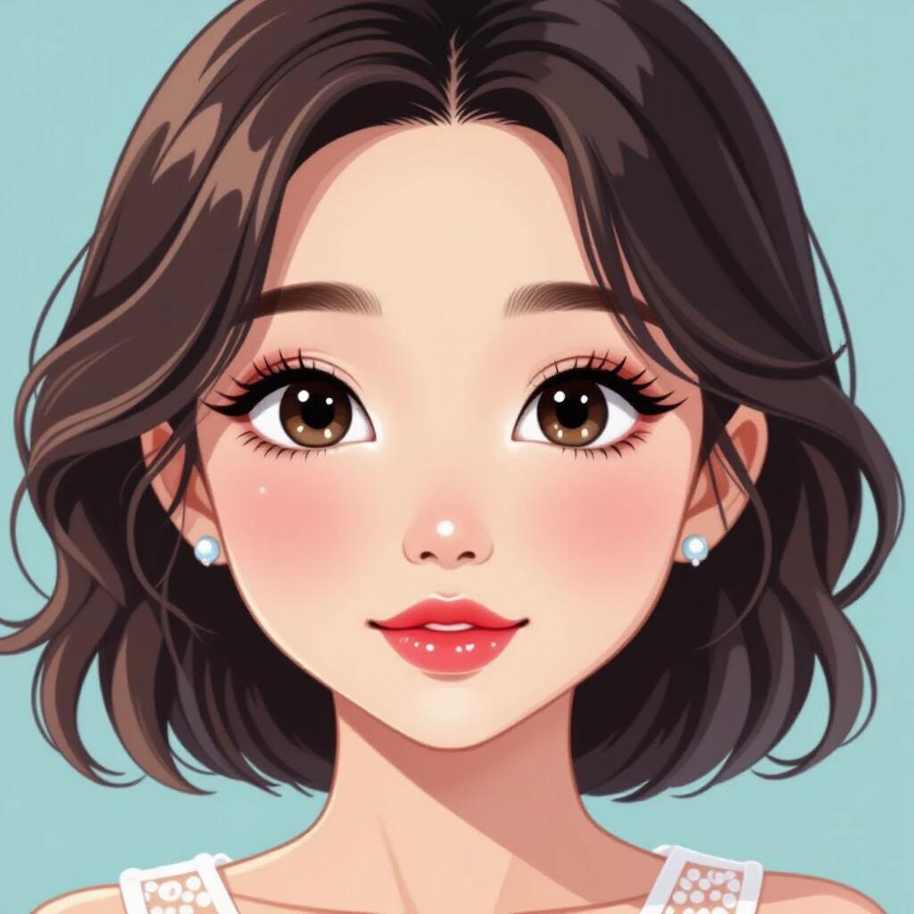 Cute Asian girl depicted wearing a clear dress. The character has shoulder-length dark hair. The background is a soft pastel color. A focus on fashion and character design.