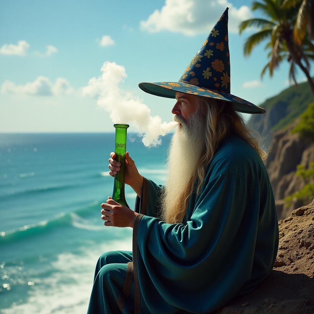 Wizard overlooking ocean with a bong in hand. The environment is serene with a coastal backdrop and palm trees in view. The wizard wears a blue robe and a pointed hat adorned with flowers.