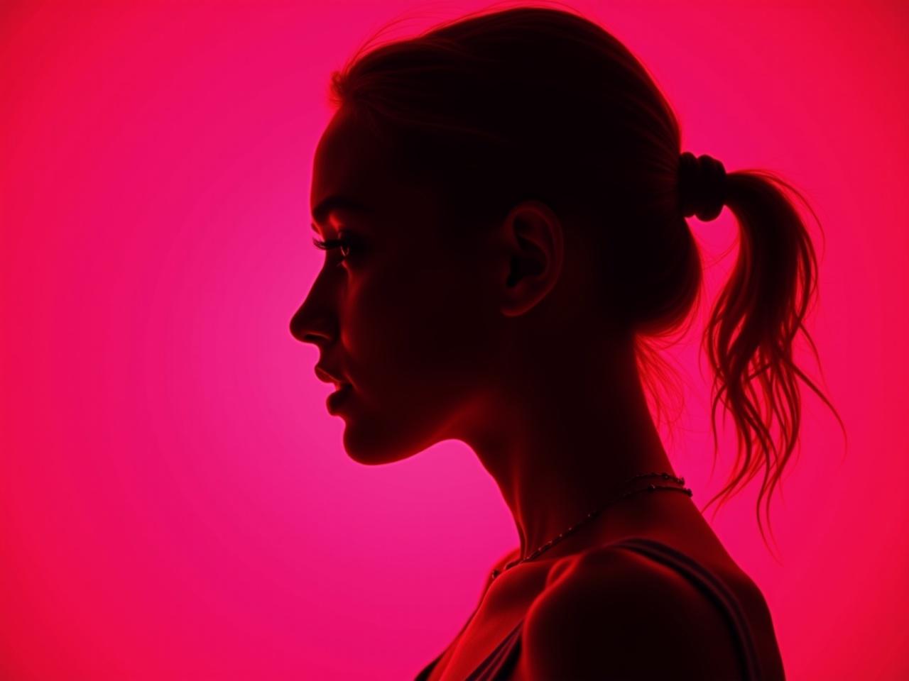 Photography portrait featuring a striking contrast, showcasing a profile silhouette of a woman. The backdrop is a vibrant hot pink, enhancing the visual appeal. The camera setup mimics a large aperture to highlight the edge of the silhouette, creating a soft blur around the subject. A low ISO setting is used to capture rich colors without any graininess, ensuring a photorealistic appearance. The image is in UHD quality, emphasizing sharp details --ar 9:16 --chaos 1.7 --style raw.