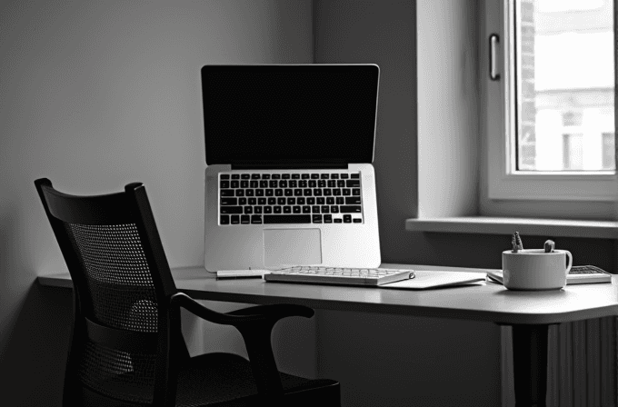 A minimalist black and white office space featuring a modern desk setup with a closed laptop elevated on a stand, an external keyboard, and a cup with pens.