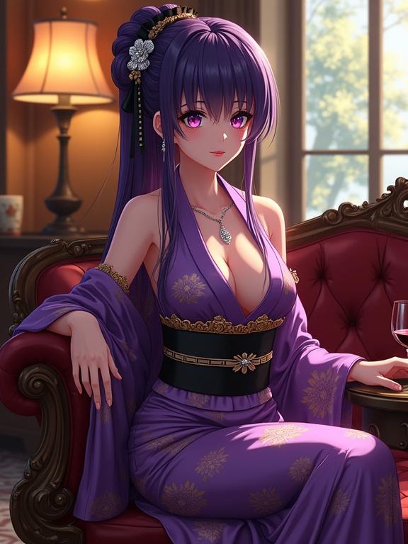 Anime character sits elegantly in a luxurious retro lounge on a vintage leather sofa. The character has striking violet hair and eyes. She wears a shiny violet kimono with gold patterns and a black obi. Her accessories include silver earrings and a diamond necklace. The room features warm lighting and classic decor. A glass of wine rests on the table beside her.