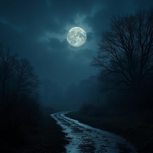 Photo depicting a dark night scene with a full moon illuminating a winding path surrounded by trees