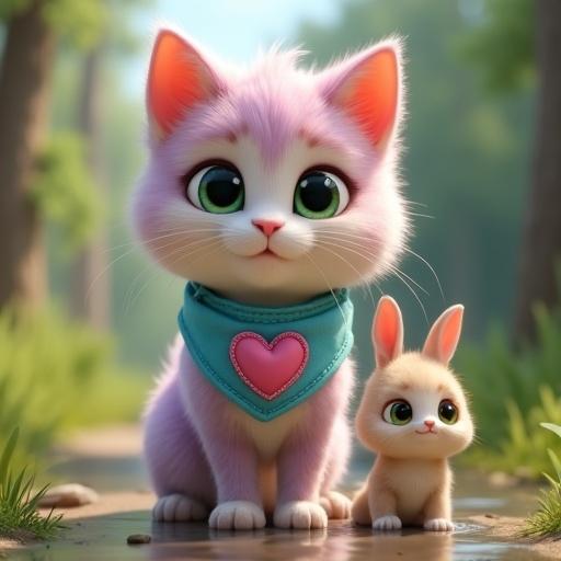 Fluffy anthropomorphic kitten with pastel pink and lavender fur. It has a creamy white belly and large expressive green eyes. The kitten has an oversized head with rounded features and tiny paws. The kitten wears a light blue bandana with a stitched pink heart. A baby rabbit is beside it, looking innocent and vulnerable. The scene shows them at a flooded path, with rising water around them. The kitten hesitates but shows determination. The baby rabbit clings to the kitten, wide-eyed with fear.