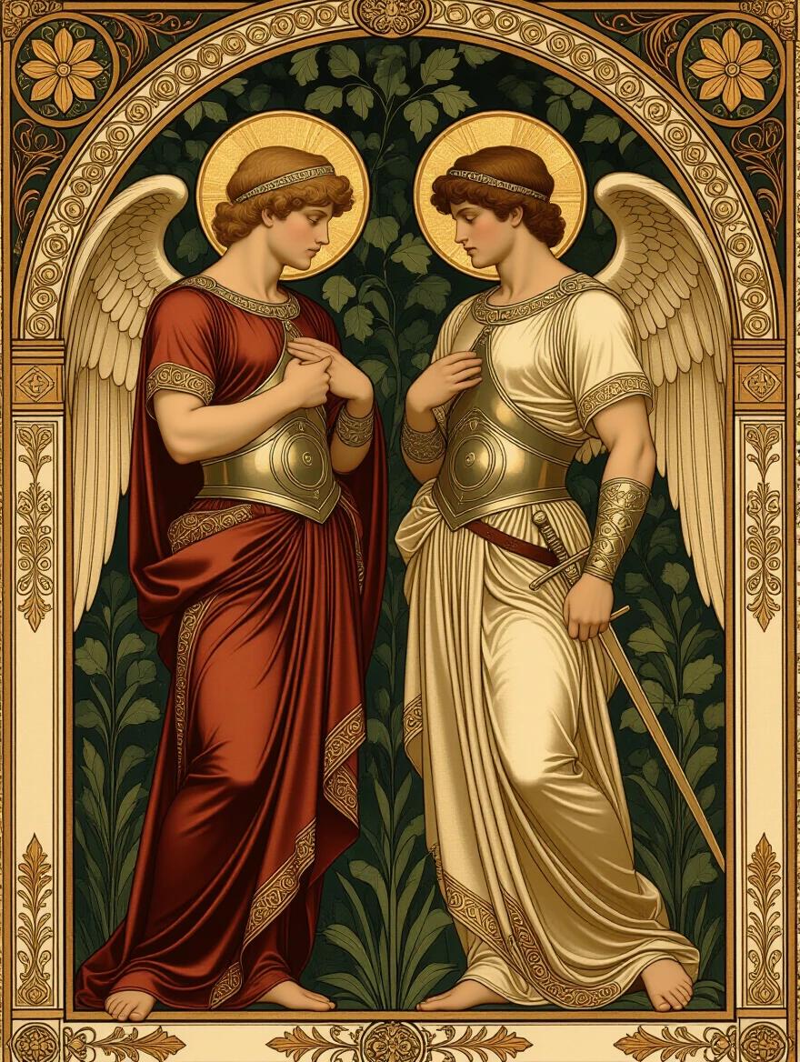 Two angelic figures engaged in conversation. One wears a red ornate silk robe. Another wears a gold ornate silk robe. Detailed and ultra-realistic style. Earth tones dominate the composition. Inspired by Edward Burne-Jones. Ideal for art enthusiasts.