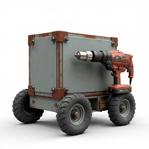Compact rectangular box on wheels with a powerful electric drill attached. Sturdy industrial design with visible bolts and accents. Rugged wheels provide functionality. Detailed drill with metallic textures and subtle shine. Set against a clean white background in a realistic style.
