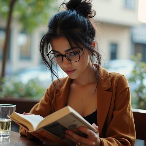 Candid image of a woman reading in a coffee shop. She has dark hair in a messy bun. Her glasses fog slightly. An open novel rests in her hands. There is a latte at her side. Natural light softens the scene. Warm shadows highlight her features. Warms hues surround her.