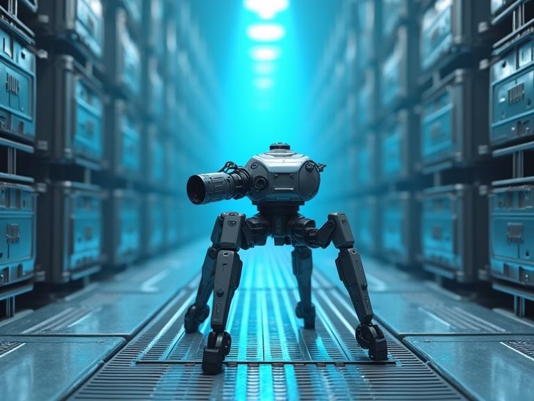 A small sleek grey 4 legged sci fi military robot with a gun on top stands in a futuristic warehouse. The scene is illuminated by a long blue anamorphic lens flare in front of the camera. Rows of silver metal bevel container crates are lined up in the background with a huge silver metal grate floor.