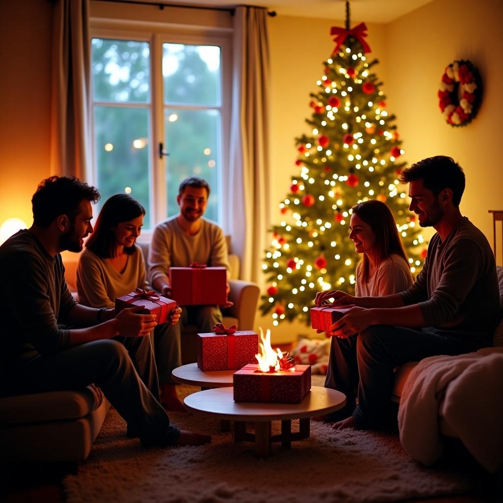 Indoor Christmas gathering with a decorated tree. Family members exchanging gifts. Soft warm lighting creates a cozy atmosphere. Presents are stacked on a table.