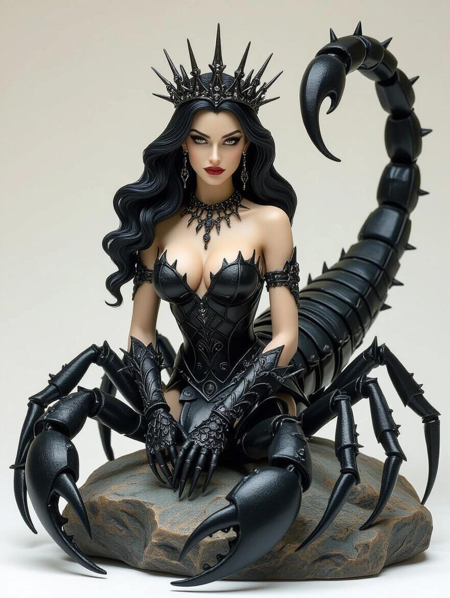 Resin sculpture inspired by Scorpio sign. Combination of human elegance and powerful scorpion features. Upper torso with light skin and long black hair. She wears a crown and dark armor. Lower body is a giant scorpion with articulated legs and a raised tail. Displayed on a rock. Visual style is dark and detailed.