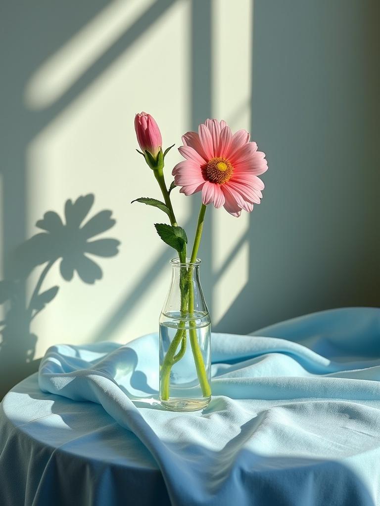 A sunlit still life scene with a pink flower and a flower bud in a clear vase. A blue cloth drapes over the table. Soft shadows are cast on the background.