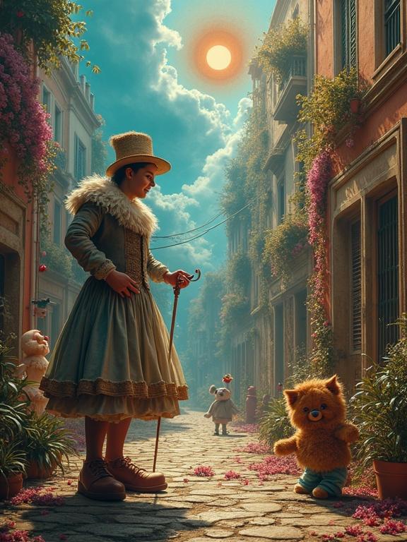 Surreal art scene with imaginative world. Commedia dell'Arte characters like Colombina and Pierrot. Dreamlike backgrounds with abstract elements. Vibrant colors and intricate details enhance whimsical atmosphere. Distorted architecture creates surreal feel. Digital techniques add depth and luminosity to artwork.