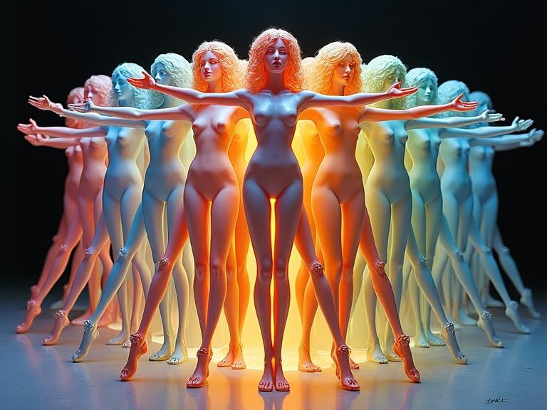 Many anthropomorphic glass and crystal female figures pose together. Each has a unique, colorful inner glow. The overall ambiance is soft and vibrant. The figures are elegantly crafted with open leg poses and metallic finishes.