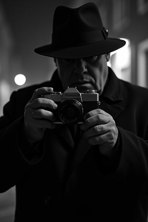 High-contrast black and white noir-style photo at night. A large man with strong hands lifts a vintage 1960s film camera. He wears a fedora hat. The lighting is dramatic from the side, creating deep shadows. Only his hands and the camera are visible. The atmosphere is quiet and menacing.