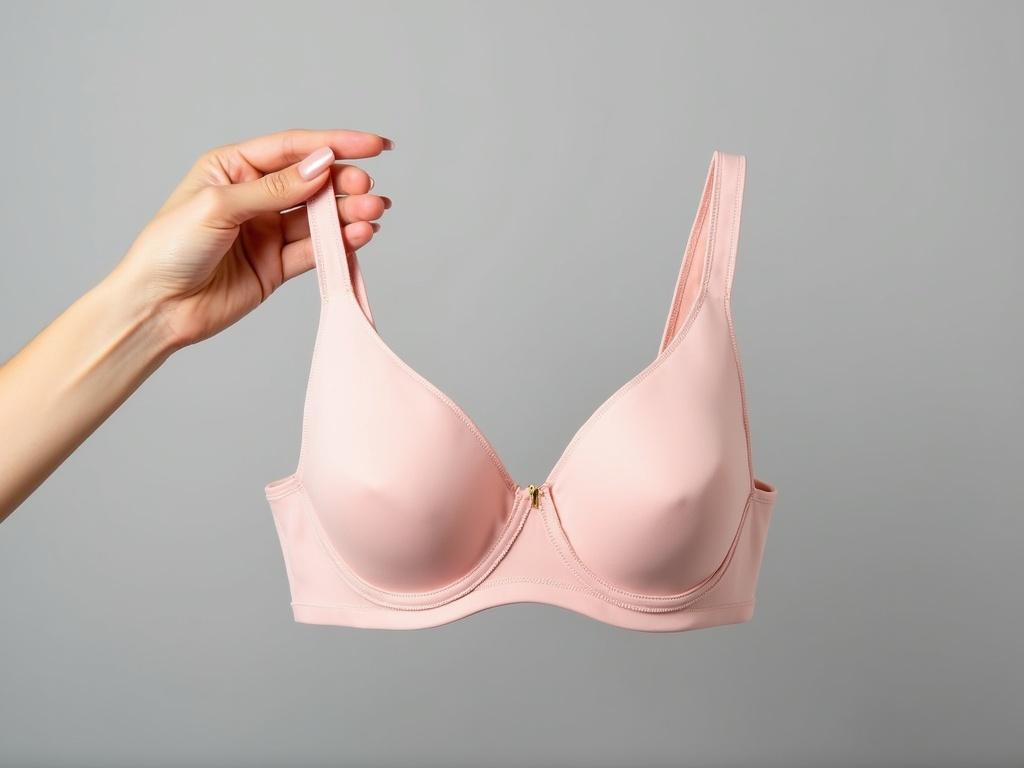 The image features a human hand elegantly holding a pale pink bra against a soft grey background. The hand, with a light skin tone and well-manicured nails, emphasizes the delicate and feminine aspect of the item. The composition focuses on the bra, displaying its smooth fabric and structured shape, while the light softly illuminates the bra, enhancing its contours and details, such as the subtle stitching and the adjustable straps.