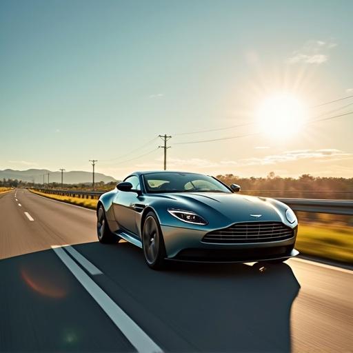 Aston Martin driving along the highway under bright sunlight. Detailed view of the car and landscape.
