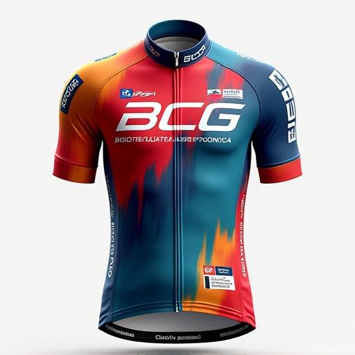 Professional cycling kit featuring a vibrant jersey and shorts design. Displays rider's name on left breast for team spirit. Includes the name 'BCG Group' which stands for bicicletta, cultura, gastronomica. Captures motion and competitiveness.
