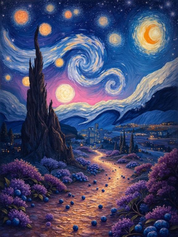 Painterly masterpiece depicting cosmic elegance with vibrant blueberries amid galaxies. Features copper accents and detailing, woodgrain and marble textures melding with silk and velvet. Celestial light filters through cosmic dust with copper reflections. Emulates Vincent van Gogh's swirling starry skies, luminous planets, and cosmic intrigue. Showcases tactile contrast of smooth silk, luxurious velvet, organic woodgrain, and metallic copper sheen. Marble sophistication complemented by copper veins in a surreal atmosphere of rich cosmic blues and nebula purples with starlight copper highlights.
