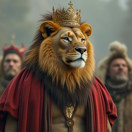 A lion wearing a crown and royal attire stands proudly. The scene is majestic with a soft light emphasizing the lion's features. It embodies the concept of a king among animals. The background contains hints of a majestic landscape with other royal themes.