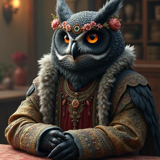 Design of an anthropomorphic owl with dark gray fur. Owl wears traditional Slavic robes. Sits in an inn environment. Owl wings instead of arms. Garments have beads, fur trim, and talismans. Floral wreath on head with wise glowing eyes. Intricate dress patterns and feathers blending into wings. Full-length shot with painterly textures and bold colors. Soft cel shading gives non-photorealistic feel with expressive brushwork. Soft rim lighting enhances features. Dramatic posture with stylized depth of field. References styles of Alberto Mielgo and Spider-Verse.