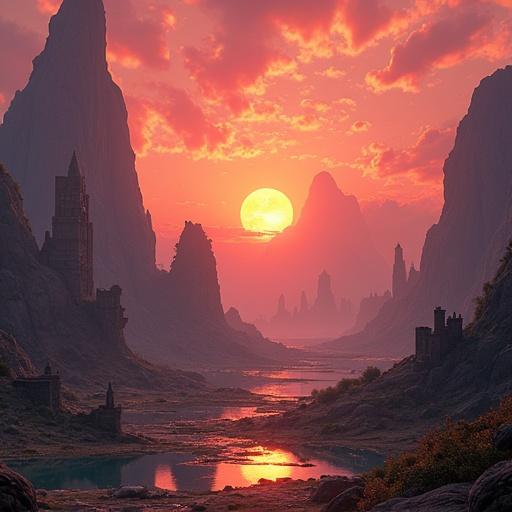A fantasy landscape featuring a glowing sunset over ancient ruins. Vivid colors blend in a high-detail digital painting using Unreal Engine 5.