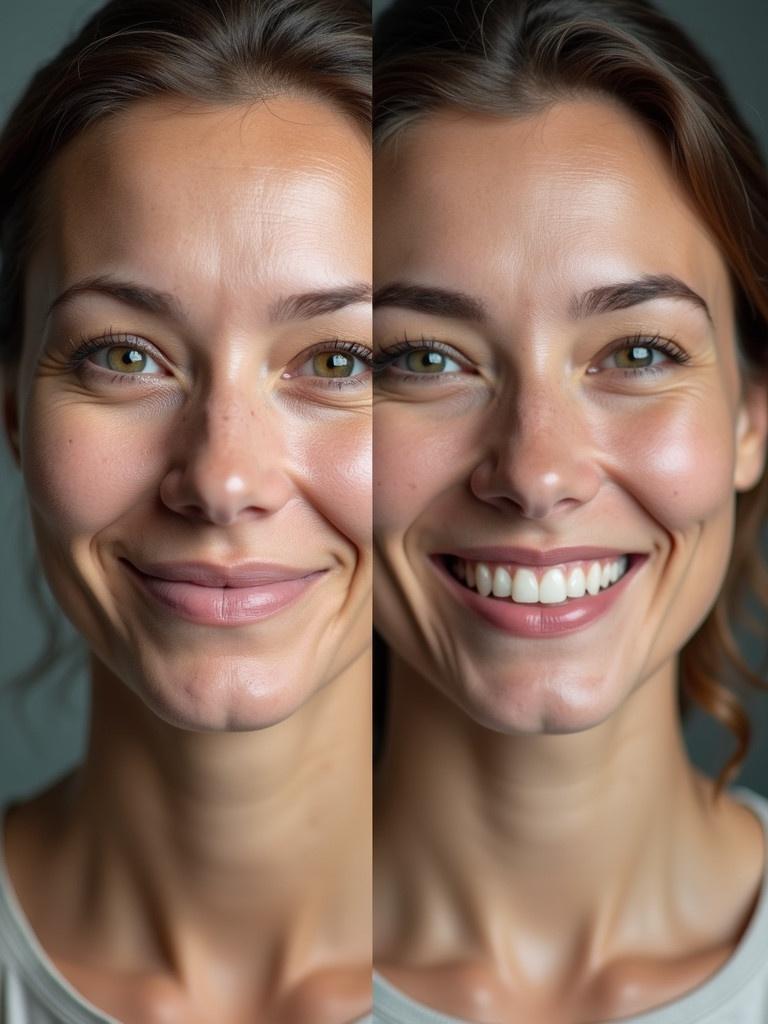 Image showing before and after transformation of a woman with visible wrinkles. The first image has a neutral expression. The second image features a smile. Focus on the neck and shoulders.